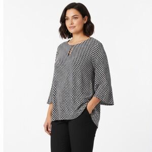 Chico's Geometric Print Keyhole Blouse Bell‎ Sleeve Top Black White XXL